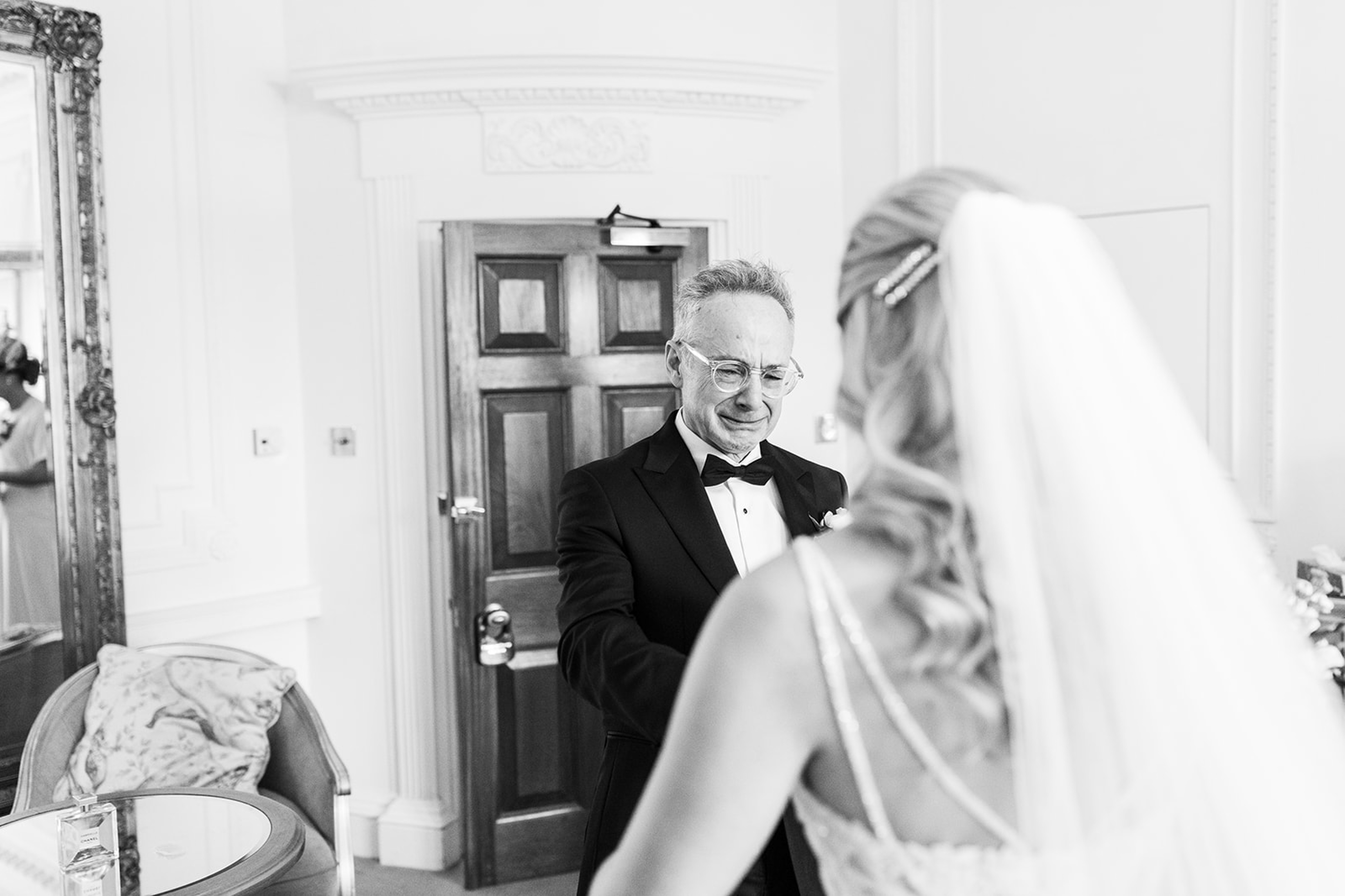 Father of the Bride's first look. Father's reaction to seeing the Bride for the first time. Documentary UK Wedding Photographer. Aimee Joy Photography.