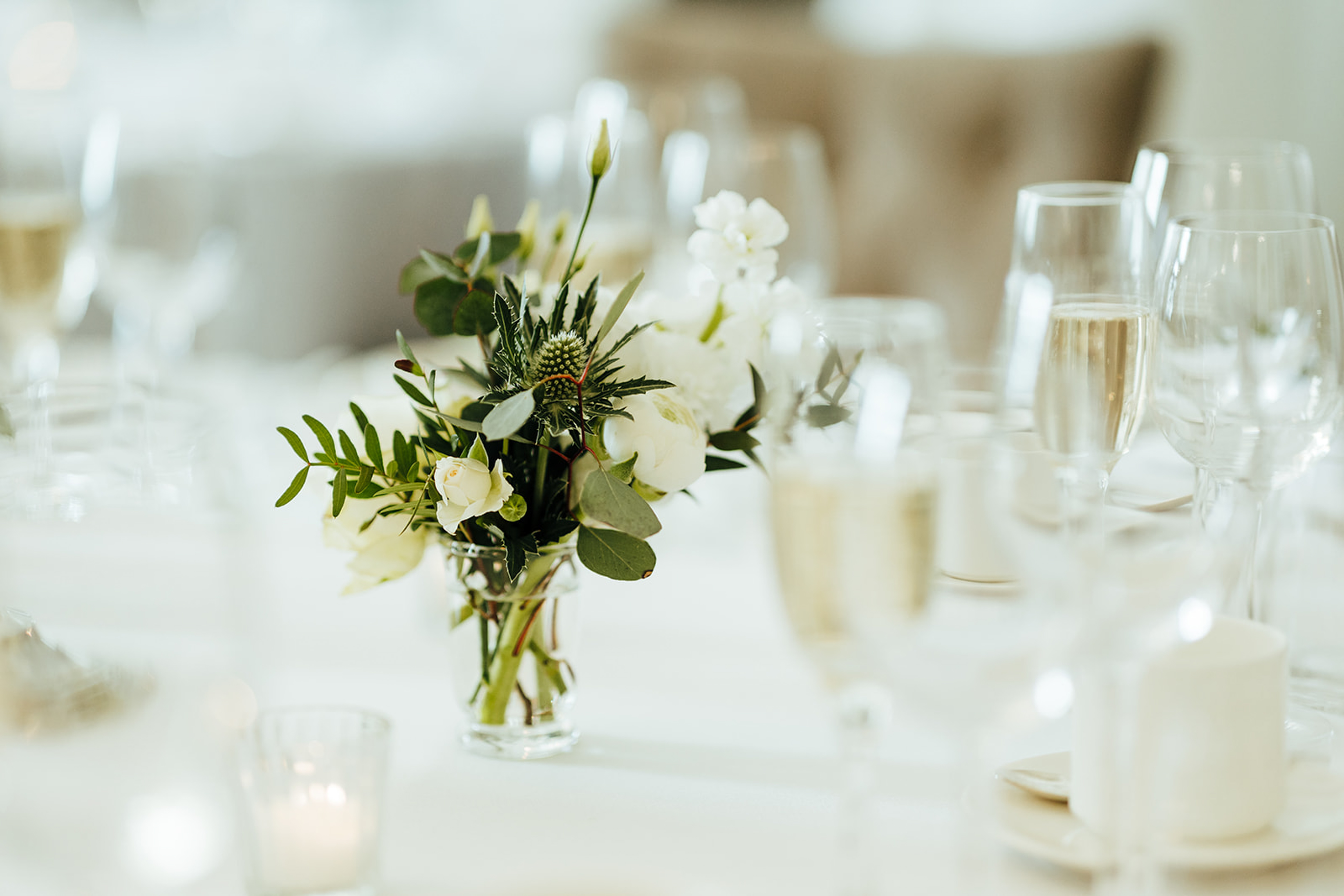 Wedding Breakfast florals at Rushton Hall. UK Wedding Photographer - Aimee Joy Photography